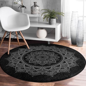 Round Workout Mat|Mandala Pattern Black Meditation Mat|Anti-Slip Meditation Mat|Bestselling Pilates Mat|Kitchen Mats|Floral Round Rugs