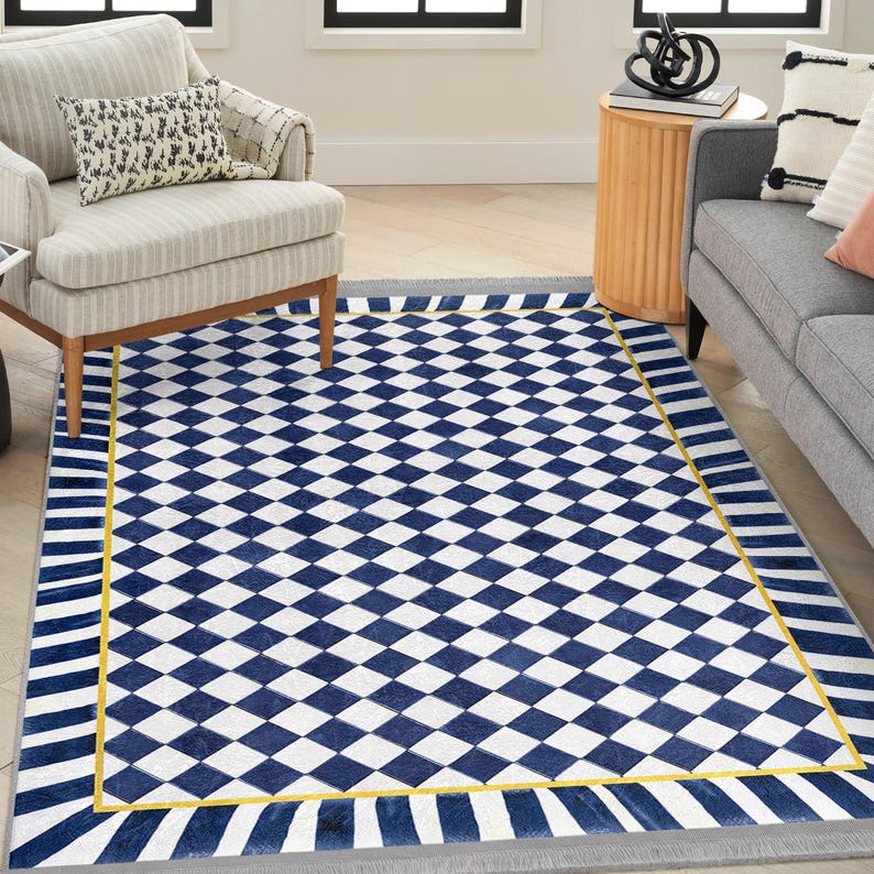Large Check Blue Rug Navy Blue Checkered Rug|dama Runner Rug|white Rugs|non-slip Rugs ...