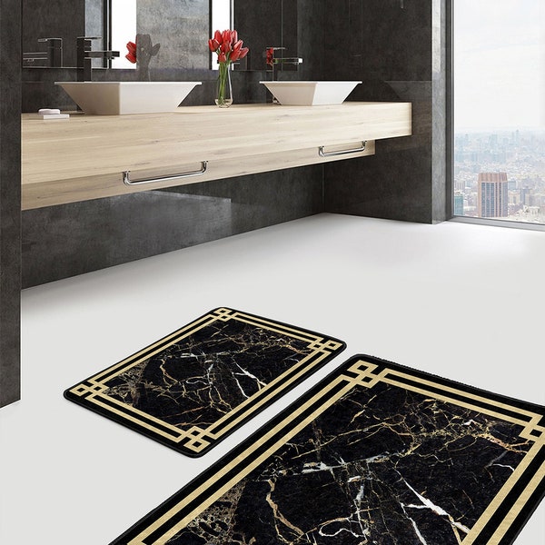 Schwarz und Gold Badematte|Marmor Muster Luxus Teppich|Schnelltrocknende Badematte|Absorbierende Küche Türmatte|Modernes Badezimmer Dekor|Bordüren Toilettenmatte