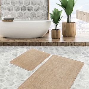Anti-Slip Wicker Pattern Bathroom Mat Set|Beige Bath Mat Set Of 2|Bathroom Decor|Washable Bathroom Mat|Bestselling Mat Set|Housewarming Gift