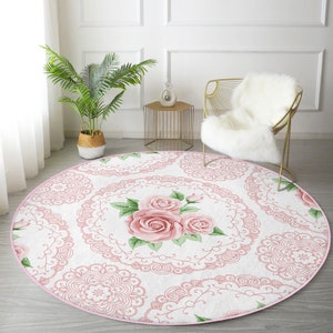 Runder Rosen-Teppich|Rutschfester Teppich mit rosa Blumen|Waschbare Türmatte für die Küche|Dekorative Teppiche für das Wohnzimmer |