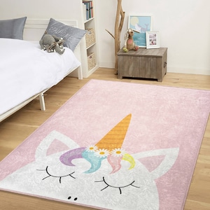 Niedliche Einhorn Kinderzimmer Teppiche|Beste Mädchen Teppiche|Einzigartige Kinderteppiche|Handgemachte Teppiche|Waschbare Rosa Baby Teppiche|