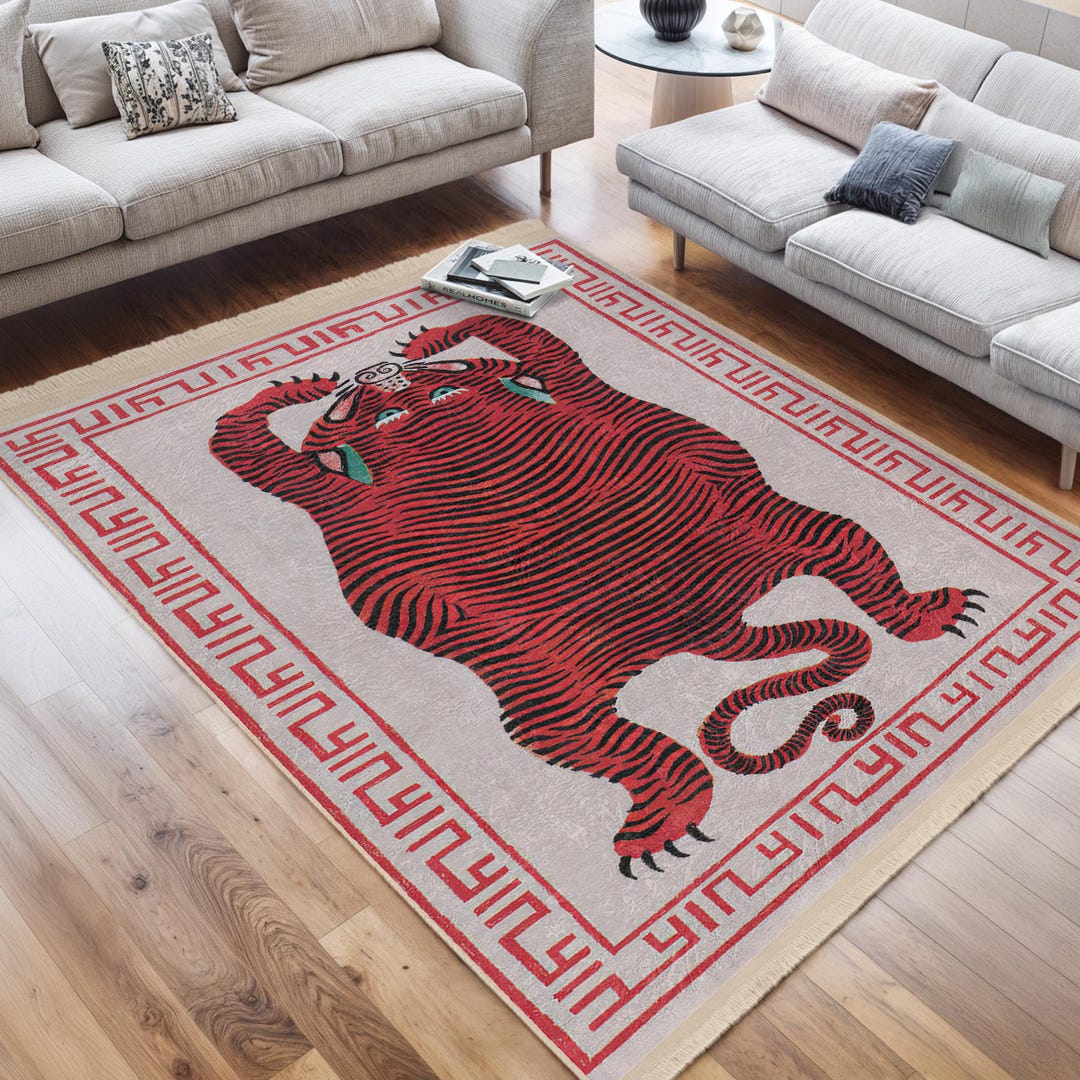 Red Tibetian Tiger Rug|framed Tiger Carpets|red Rug|non-slip Rugs