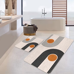 Striped Bathroom Rug|Beige Bath Mats|Abstract Bathroom Decor|Washable Orange Bathroom Mat|Quick Drying Toilet Mat|Bestselling Black Bath Mat