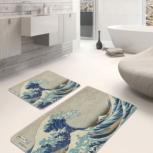 The Great Wave off Kanagawa Floor Mat|Kanagawa Oki Nami Ura Bath Mat|Bathroom Rugs|Bath Mat Set Of 2|Absorbent Kitchen Mat|Non-Slip Bath Mat