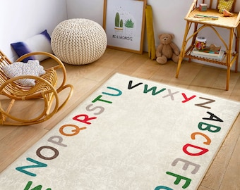 Learn The Alphabet Nursery Rug|Carpet With Letters|Non-Slip Educational Kids Rugs|Colorful Kids Rugs|Handmade Area Rug|Bestselling Kids Rugs