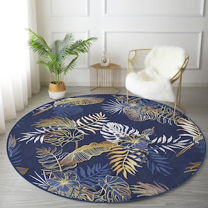 Navy Blue Round Carpet|Leaf Pattern Area Rug|Modern Dining Room Rug|Bedroom Carpets|Floral Blue Area Rug|Anti-Slip Kitchen Rug|Saloon Rugs
