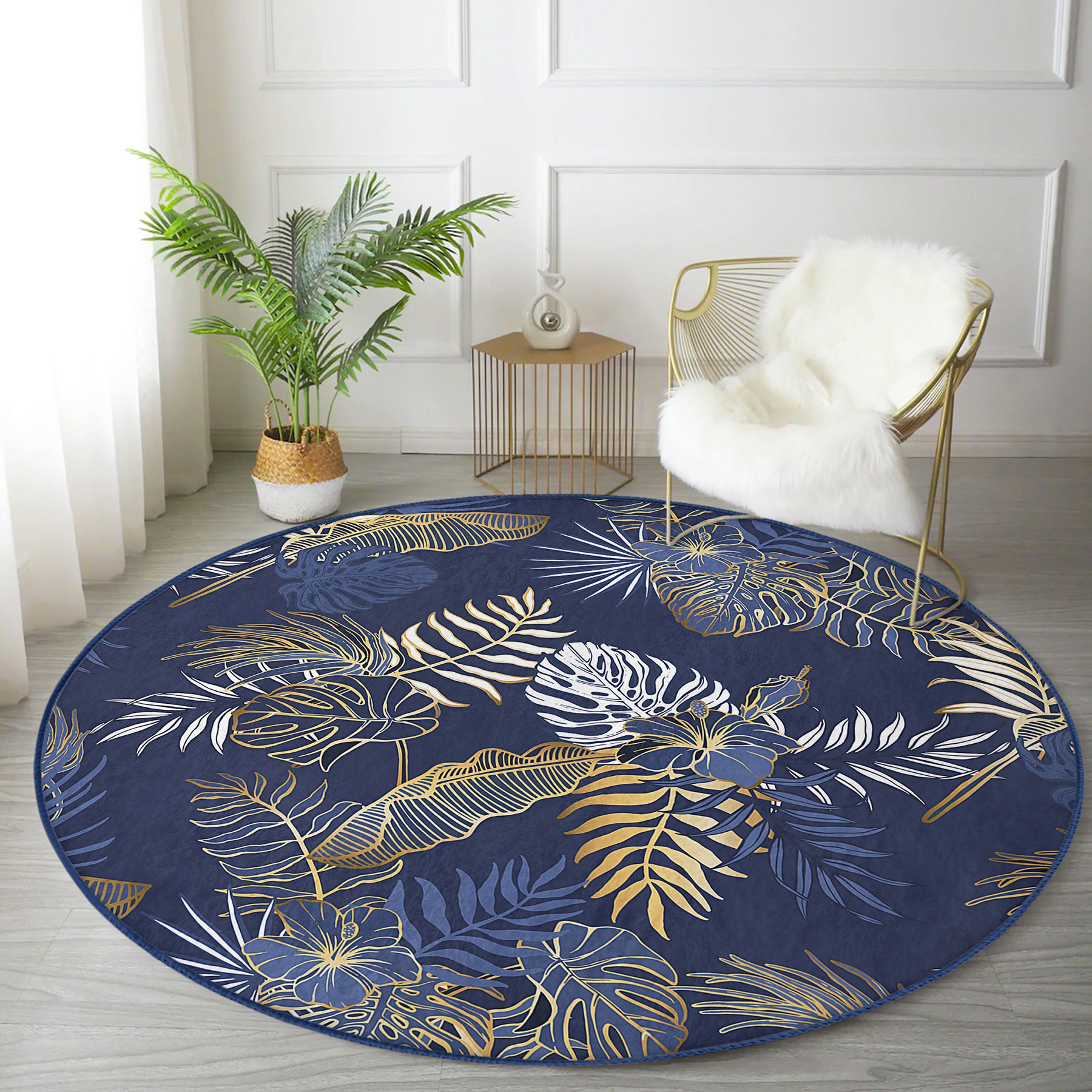 Navy Blue Round Carpet|leaf Pattern Area Rug|modern Dining Room