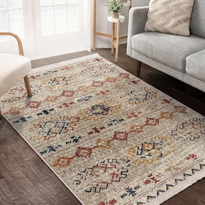 Beige Living Room Carpet|Ethnic Pattern Fringed Rug|Vintage Saloon Rugs|Geometric Carpet|Anatolian Area Rug|Turkish Kilim|Housewarming Gift