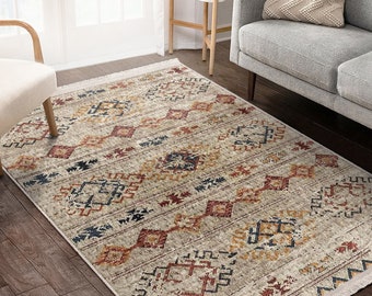Beige Living Room Carpet|Ethnic Pattern Fringed Rug|Vintage Saloon Rugs|Geometric Carpet|Anatolian Area Rug|Turkish Kilim|Housewarming Gift