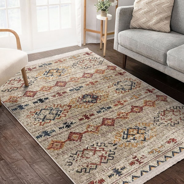 Beige Living Room Carpet|Ethnic Pattern Fringed Rug|Vintage Saloon Rugs|Geometric Carpet|Anatolian Area Rug|Turkish Kilim|Housewarming Gift