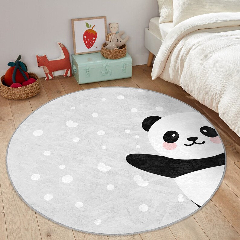 Cute Panda Washable Round Kid's Rug|sweet Animal Print Kid's Door Mat ...