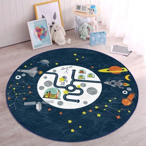 Space Travel Kid&#39;s Anti-Slip Play Mat|Washable Nursery Carpet|Rocket Print Children&#39;s Rug|Kid&#39;s Room Decor|Boy&#39;s Gifts|Kinderteppiche