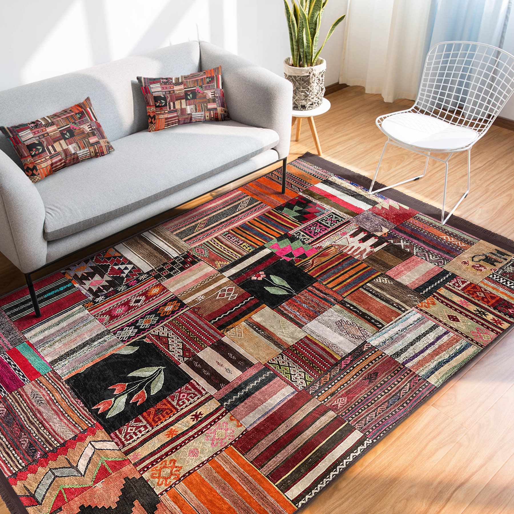 Patchwork Area Rug| Mexican Blanket Traditional Rug|tulip Motif