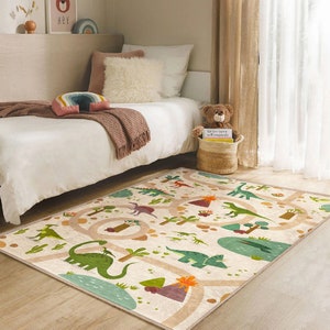 Jurassic Kids Room Rugs | Dinosaurs Washable Kid&#39;s Room Rug | Forest Road Nursery Play Mat|Beige And Green Kids Carpets|Handmade Kids Rug