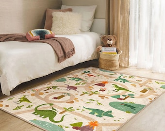 Alfombras infantiles Jurásicas / Alfombra lavable de dinosaurios / Alfombra de juegos para guardería Forest Road / Alfombras infantiles beige y verde / Alfombra infantil hecha a mano