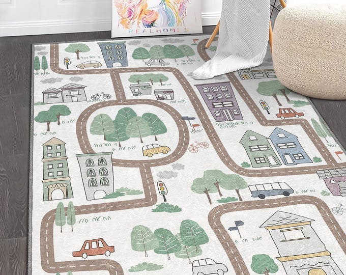 Nursery Road Play Mat|Playroom Rug|Rectangle Traffic Play Mat|Soft Road Rug||Gift For Kids Room|Non-Slip Kids Rug|Car Road Rug