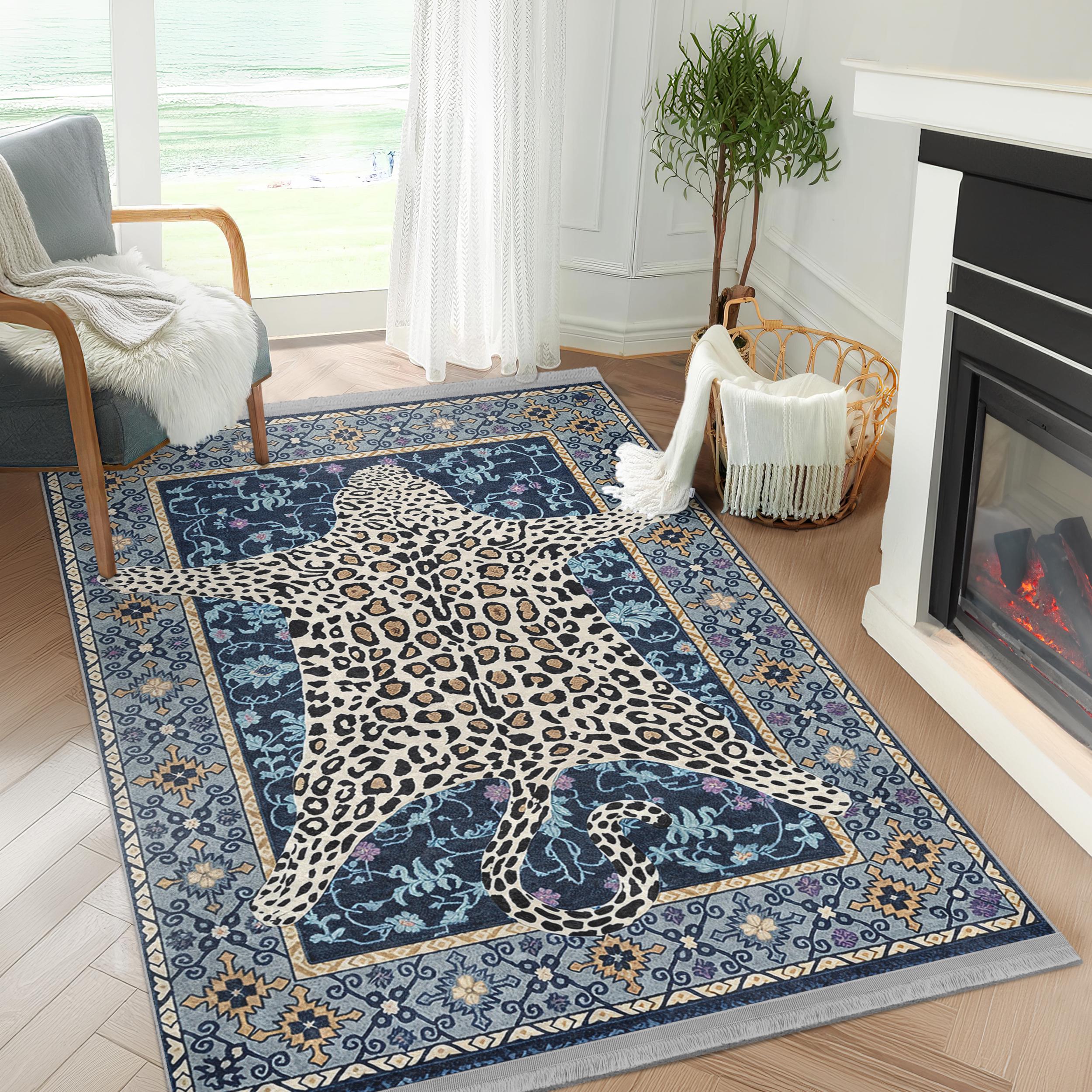 Octavia Leopard Rug|blue Area Carpet|animal Runner Rug|washable