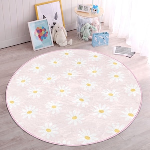 Gänseblümchen-Garten-Rosa-Kinderzimmer-Teppich|Kinderzimmer-Dekor|Blumenmuster Anti-Rutsch-Baby-Türmatte|Waschbar Runder Teppich|Kinderzimmer-Matte|Bestseling