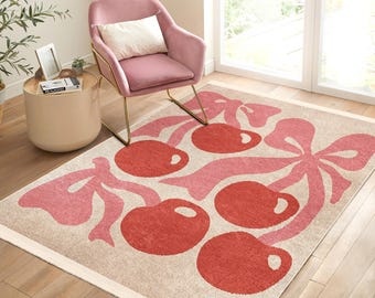 Red Cherry Rug|Cherry Art Carpet|Non-slip Rugs|Pink Kitchen Rug|Bestselling Area Rugs|Housewarming Gift|Modern Living Room Rug|Beige Rugs