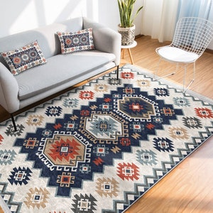 Tapis ethnique best-seller | Tapis amérindien | Tapis de saloon lavables | Tapis antidérapant bleu à imprimé aztèque | Paillasson à franges Navajo | Pendaison de crémaillère