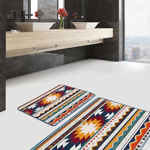 Aztec Pattern Bath Mat Set|Southwestern Soft Bathroom Mat|Navajo Bath Mat|Non Slip Ethnic Print Bath Mat Set Of 2|Traditional Bathroom Decor