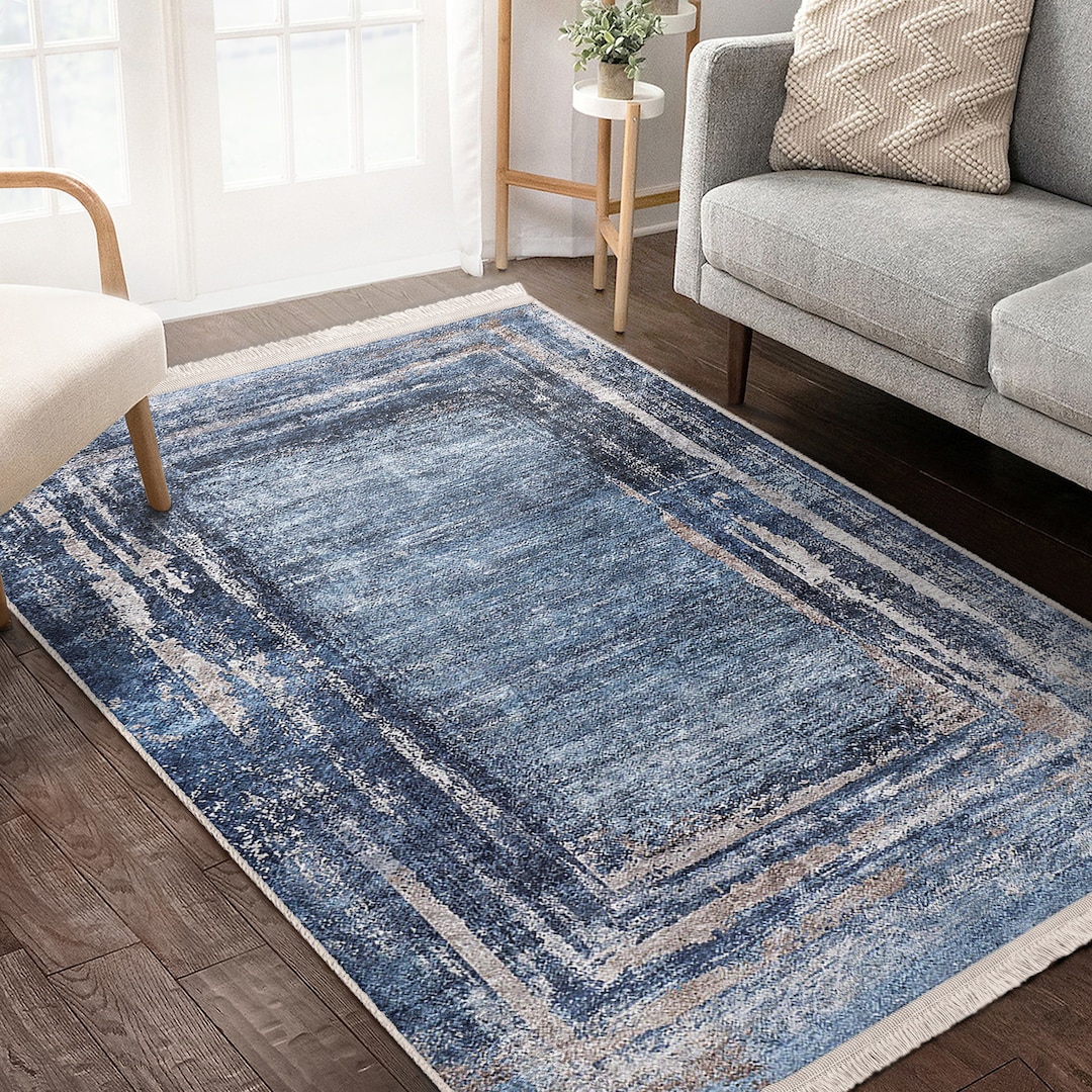Blue Framed Area Rug|tumbled Carpet|fringed Carpet|washable Living Room ...