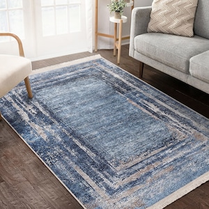 Blue Framed Area Rug|Tumbled Carpet|Fringed Carpet|Washable Living Room Rug|Rectangle Rug|Housewarming Gift|Bestselling Area Rug|Modern Rugs