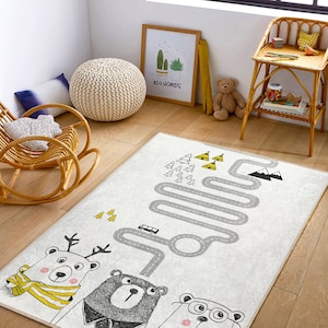 Kids Road Play Mat|Playroom Rug|Rectangle Traffic Play Mat|Nursery Road Rug|Animal Pattern Nursery Mat|Non-Slip Kids Rug|Car Road Play Mat