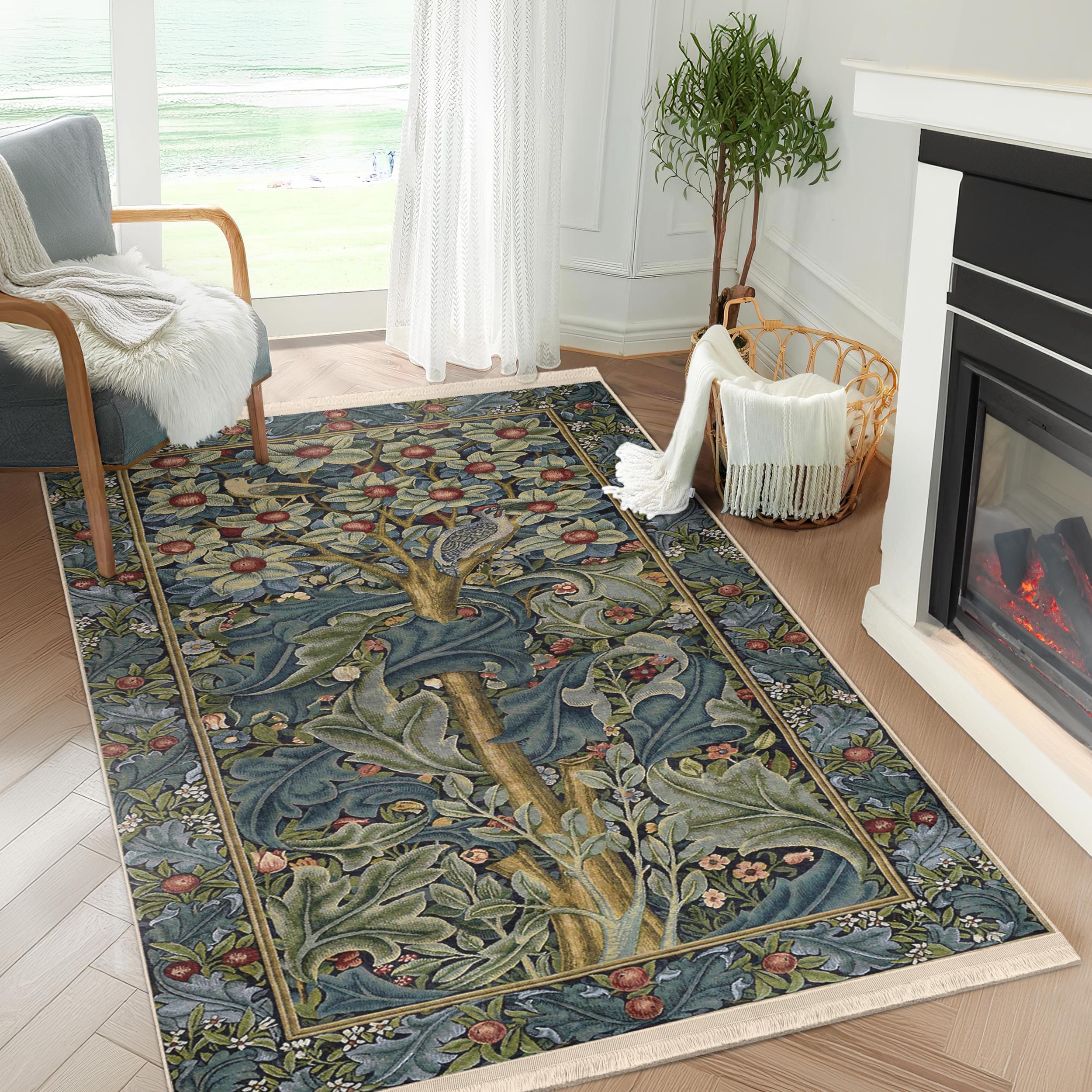Tree of Life Rug|William Morris Rugs|Washable Rectangle Carpet|Housewarming Gift|Green Runner Rug|Living Room Rug|Morris Style Area Rug