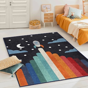 Reis naar de ruimte kinderkamertapijt | Marineblauwe kinderkamermat met raketthema | Bestverkocht kindertapijt | Jongenskamerdecoratie | Rechthoekig handgemaakt kindertapijt