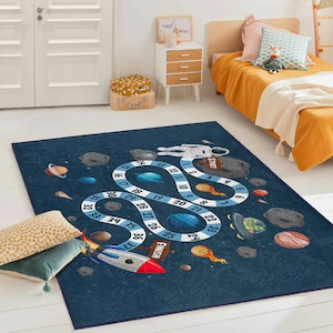 Weltraum-Abenteuer Kinderteppich|Raketen-Themen-Kinderzimmer-Matte|Lernzahlen mit Spielmatte|Kinderzimmer-Dekor|Rechteckige Kinderteppiche|Geburtstagsgeschenke