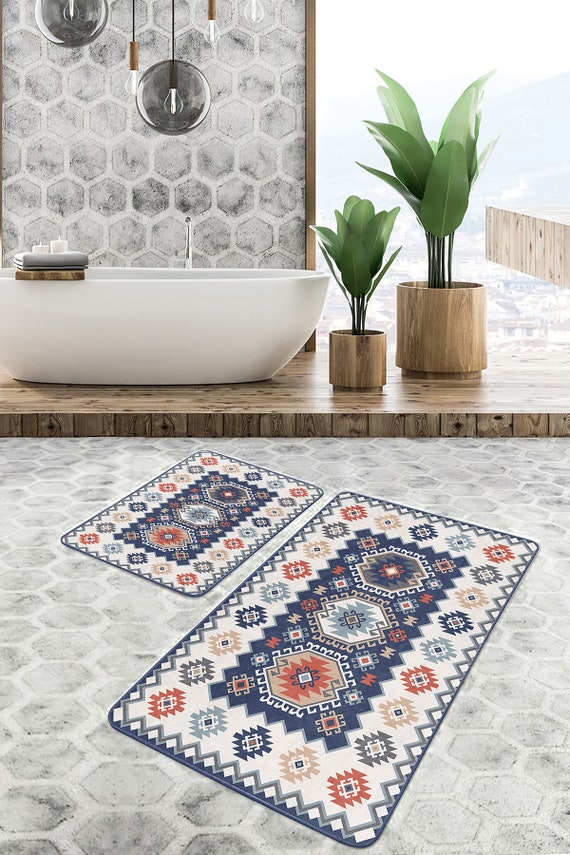Tappeto Da Bagno Antiscivolo In Microfibra 45x76 Cm - Design Geometrico Rosso Boho, Asciugatura Rapida - 3