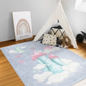 Dream Castle Nursery Mat|Rectangle Kids Play Mat|Bestselling Washable Rugs|Anti-Slip Girls Room Rugs|Handmade Kid&#39;s Carpet|Soft Play Mats