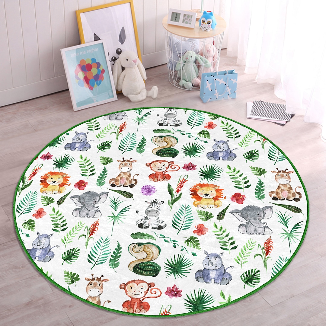 Jungle Themed Kids Room Rug|animals Figured Nursery Mat|round Baby Door ...