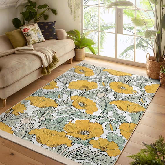 Yellow Poppy Flower Rug|floral Carpet|green and Yellow Carpet