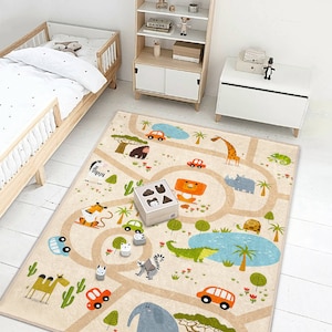 Dinosaur Rugs For Nursery|Washable Kids Room Rug|Mysterious Forest Kids Play Mat|Beige And Green Kids Carpets|Soft Play Mat|Anti-Slip Rugs