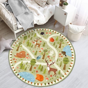 Cheerful Forest Children&#39;s Rug|Best Gift İdeas For Children&#39;s|Handmade Product|Digital Printed Carpet|Washable|Play Road Mat With Animals