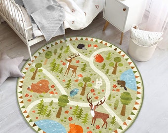 Fröhlicher Wald Kinderteppich|Beste Geschenkideen für Kinder|Handgefertigtes Produkt|Digital gedruckter Teppich|Waschbar|Spielmatte mit Tieren