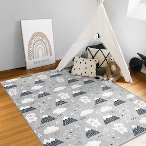 Grauer Teppich für Kinderzimmer|Kinderzimmer Teppich mit Bergmuster|Handgemachte Teppiche für Kinder|Handgewebte Teppiche für Kinderzimmer|Rechteck Teppiche