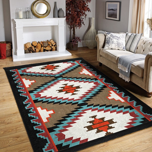 Southwestern Living Room Rug|Rectangle Area Rug|Machine Washable Saloon Rug|Non-Slip Aztec Print Carpet|Ethnic African Rug|Housewarming Gift