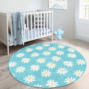 Gänseblümchen Garten Blau Kinderzimmer Teppich|Baby Zimmer Dekor|Blumenmuster Anti-Rutsch Baby Türmatte|Waschbar Runder Teppich|Kinderzimmer Matte|Bestseller