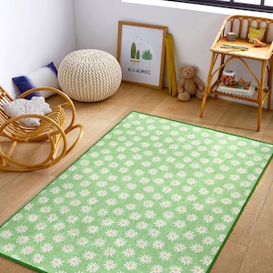 Gänseblümchen Muster Teppich|Blumen Teppich|Grün Kinderteppich|Blumen Themen Wohnzimmer Teppich|Handgemachte Teppiche|Weich Teppiche