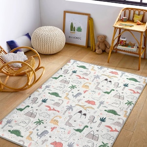 Land Of Dinosaurs Nursery Mat|Animals Pattern Kids Room Rugs|Bestselling Kids Carpets|Forest Themed Handmade Kids Room Rug|Jurassic Playmat