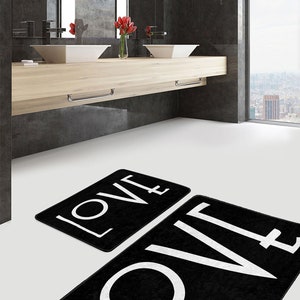 Anti-Slip Love Rug|Bathroom Rug|Absorbent Modern Kitchen Rug|Quick-Drying Bath Mat|Black Kitchen Door Mat|Washable Bathroom Mat|Shower Mat