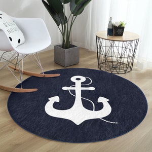 Marine Themed Round Rug|Non-Slip Anchor Rugs|Washable Area Rug|Modern Home Decor|Navy Blue Circle Carpet|Nautical Door Mat|Handmade Gifts