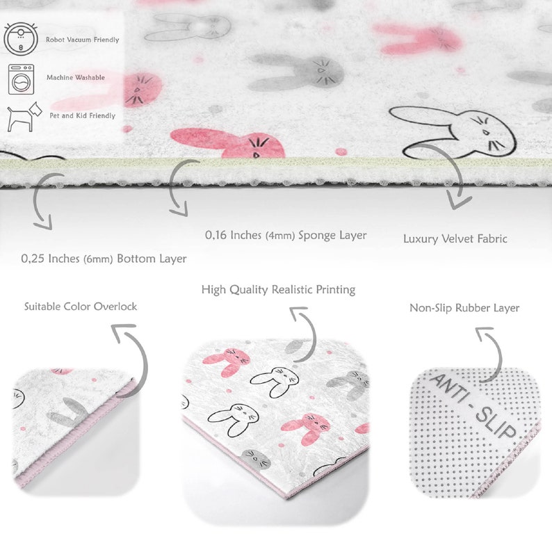 May include: A gray and pink area rug with a bunny rabbit pattern. The rug has a non-slip rubber backing and is machine washable. It is also robot vacuum friendly and pet and kid friendly.