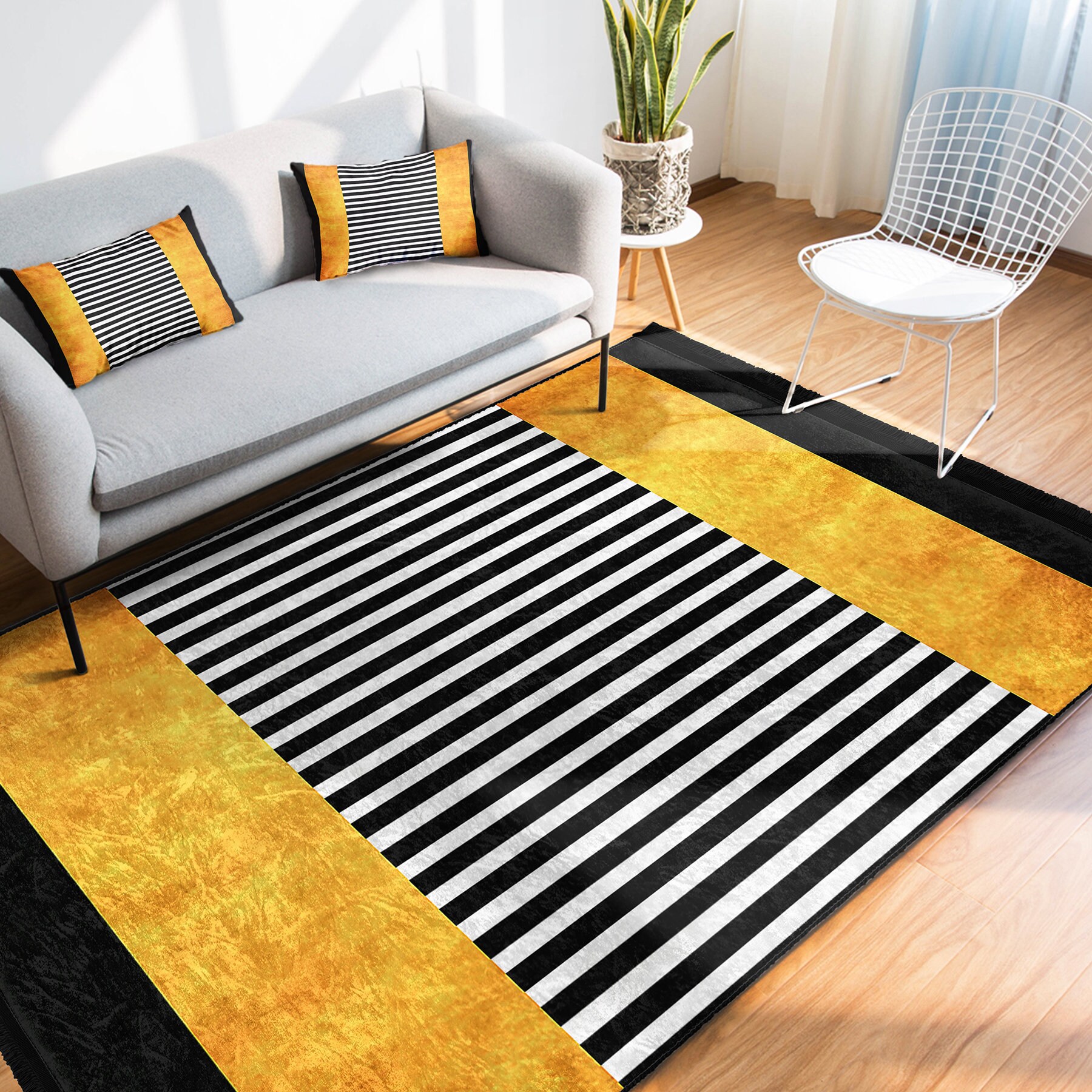Black Striped Rectangle Area Rug|non-slip Yellow Rug|abstract Modern ...