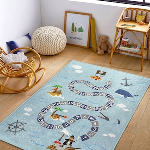 Childrens Rug With Pirate|Blue Nursery Play Mat|Numbers Learning Mat|Nautical Kid&#39;s Rugs|Marine Kid&#39;s Room Rugs|Rectangle Kids Carpet