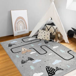 Forest Road Gray Play Mat|Playroom Rug|Traffic Play Mat|Bestselling Nursery Mat|Non-Slip Kids Rug|Car Road Rug|Mountain Pattern Kids Rug